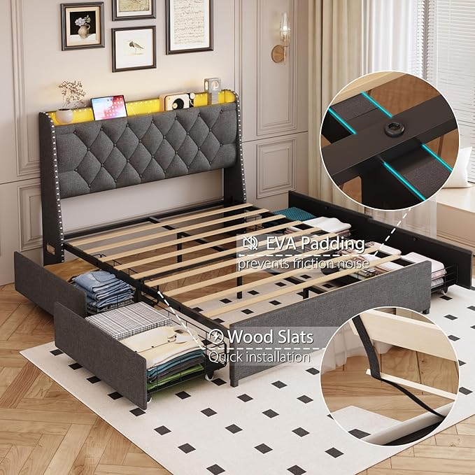 Full Size Bed Frame with 4 Drawers and Storage Headboard, Upholstered Button Linen Platform Full Bed with Led Lights and Handy Charging Station, No Box Spring Needed, Easy Assembly, Noise Free, Grey