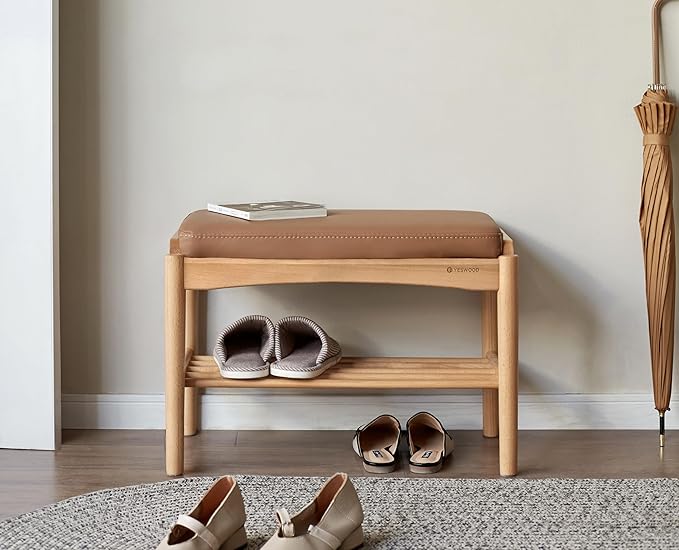 Solid Wood Shoe Bench Assembled, Shoe Rack Bench with Silicone Leather Cushion for Entryway, Living Room, Bedroom, Hallway, 11.8" x 23.6" x 16.5", Natural