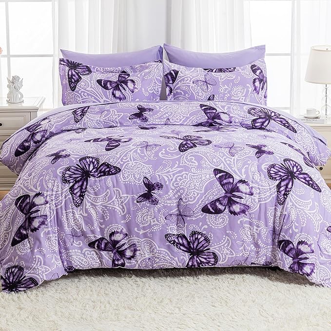 ARTALL Bed in A Bag Twin Size 5 Pieces, Purple Paisley Butterfly Bedding Comforter Set All Season Bed Set with 1 Comforter, 1 Pillow Sham, 1 Flat Sheet, 1 Fitted Sheet, 1 Pillowcase