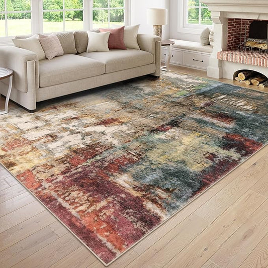 Lahome Modern Abstract 10x14 Area Rugs for Living Room, Large Washable Living Room Rug Low Pile Non Slip, Soft Accent Carpet for Bedroom Dining Room Table Home Decor Use, Red/Multi