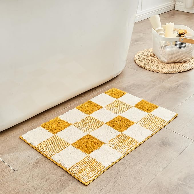 CozeCube Bath mats for Bathroom Non Slip, Fluffy Absorbent Microfiber Bath mat Washable, Aesthetic Bathroom Rugs, Large Harvest Gold Checkered Bath mat, Harvest Gold, 36" x 24"