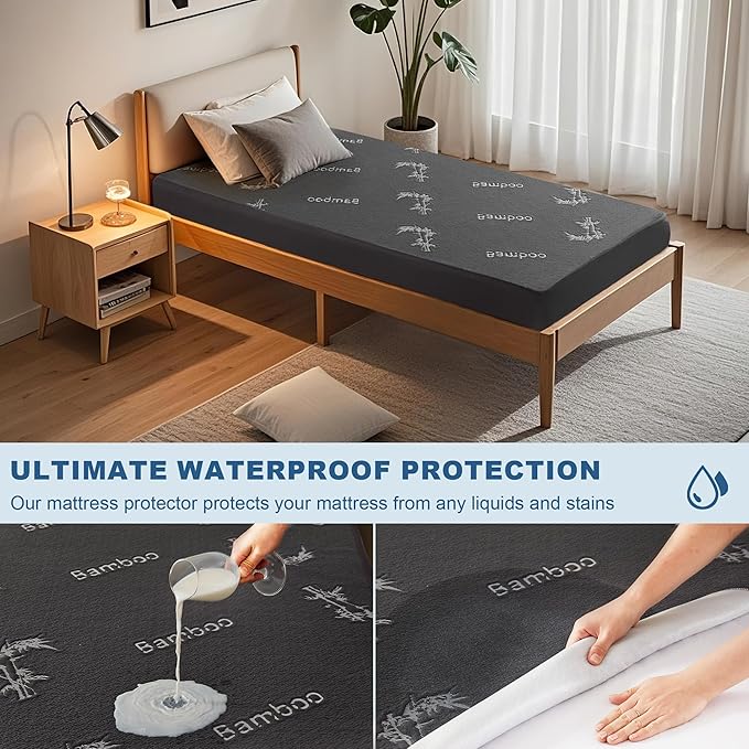 BEDLORE Twin XL Size Waterproof Mattress Protector Viscose Derived from Bamboo, Soft Mattress Cover Fitted with Deep Pocket 6"-15", Breathable Noiseless Mattress Pad, Machine Washable(Gray)