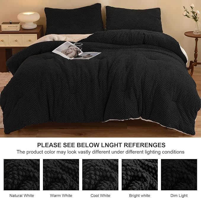 3D Jacquard Design Comforter Set, Ultra-Soft Warm Queen Size Sherpa Fur Plush 3-Pieces Sets Luxury Cozy Bedding with 2 Pillowcases (90"x90", Black)