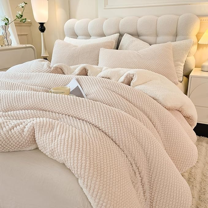 3D Jacquard Design Comforter Set, Ultra-Soft Warm Full Size Sherpa Fur Plush 3-Pieces Sets Luxury Cozy Bedding with 2 Pillowcases (80"x90", Cream White)