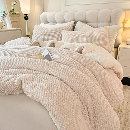 3D Jacquard Design Comforter Set, Ultra-Soft Warm Full Size Sherpa Fur Plush 3-Pieces Sets Luxury Cozy Bedding with 2 Pillowcases (80"x90", Cream White)