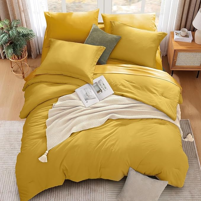 WRENSONGE King Size Comforter Set- 7 Pieces Soft Yellow Bed in a Bag with Fitted Sheet, Flat Sheet 2 Pillow Shams, and 2 Pillowcases- King Bedding Set for All Season