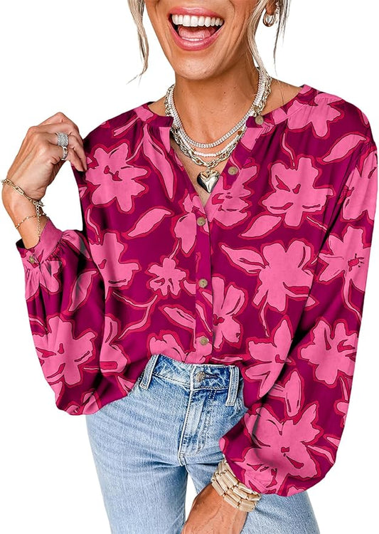 Astylish Womens 2026 Boho Floral Loose Spring Summer Tops Lantern Sleeve Flowy Blouses V Neck Button Down Shirts