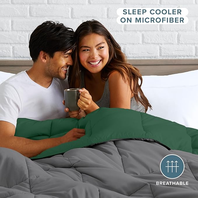 Bare Home Queen Comforter - Reversible Colors - Goose Down Alternative - Ultra-Soft - Premium 1800 Series - All Season Warmth - Bedding Comforter (Queen, Grey/Forest Green)