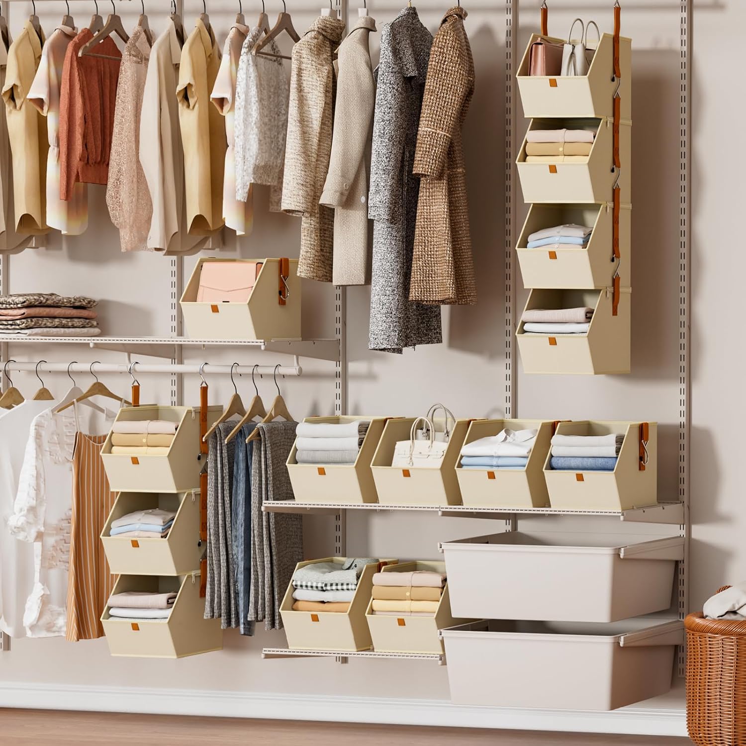 Homsorout Hanging Closet Organizer 4 Tier - Clothes Hanging Shelves, Space-Saving Closet System, Fabric Storage Bins Bedroom Organization, Collapsible Baskets for Home, Dorm, Rv, Beige Dormly
