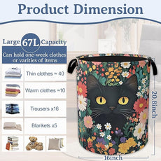 Cute Funny Black Cat Laundry Basket,Oxford Cloth Flower Laundry Hamper With Handle Foldable Portable Clothes Storage Basket for Laundry Room/Bedroom/Bathroom 20.8