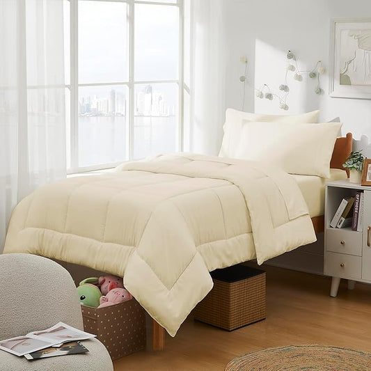 Dorm Room Essentials College Bedding Comforter Set 5 Piece Twin XL Size Bed in a Bag for College Students Boys and Girls, Twin XL, Cream/Beige