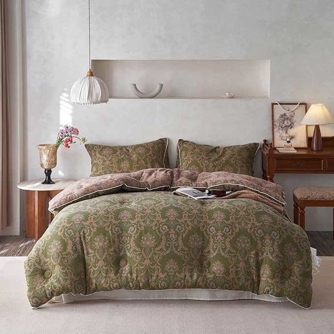 MKXI Floral Linen Comforter Set Twin XL Army Green Vintage Paisley Comforter Bedding for Neutral Bedroom Rich Rust Jacquard Floral Bed Comforters for Boys Cotton Yarn-Dyed Textured Soft Lightweight