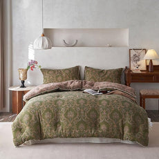 MKXI Floral Linen Comforter Set King Army Green Vintage Paisley Comforter Bedding for Neutral Bedroom Rich Rust Jacquard Floral Bed Comforters for Men Women Cotton Yarn-Dyed Textured Soft Lightweight