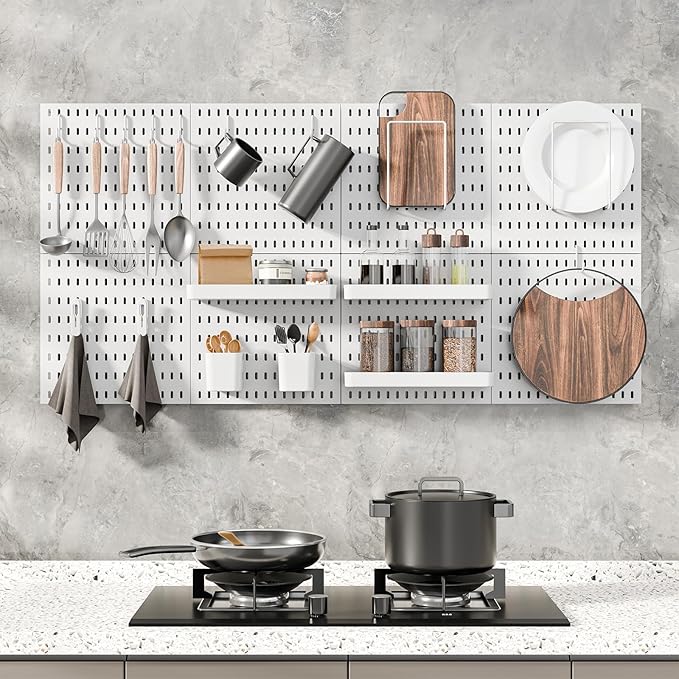 Pegboard Combination Kit, Wall Mounted Storage Set with 8 Pegboards & 28 Accessories Hanging, Peg Boards Organizer for Walls Display, Crafts Organization, Kitchen Organizer, 22" x 44" White