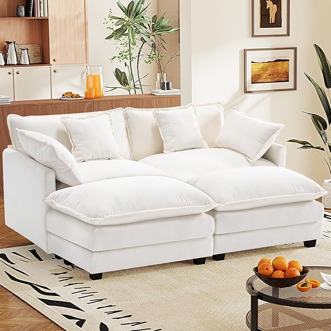 77.6" Modular Sectional Sofa,Loveseat Couch for Living Room, Modern Deep Seat Sofa 2 Seater Chenille Fabric Comfy Cloud Couches with Throw Pillows & Ottoman for Apartment,Small Spaces