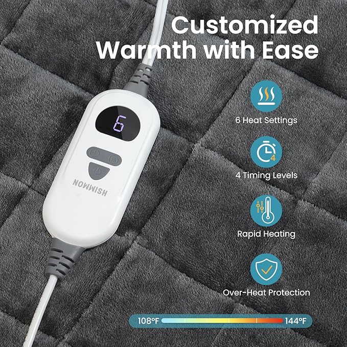 NOWWISH 5lbs Weighted Heating Pad for Women, Electric Heated Weighted Blanket with 6 Heat Settings, Timer & Auto Shut-Off, Relief for Period Cramps, Back Pain, Lap, Machine Washable, 29x24 inch, Grey