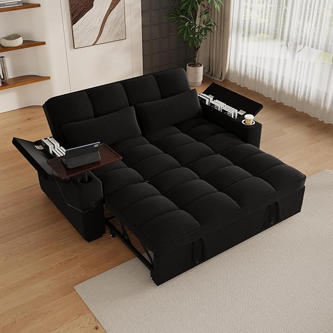 65" Sofa Bed, Loveseat 3-in-1 Sleeper Sofa with Pull Out Bed, 360° Swivel Side Table and USB, 2 Seater Convertible Small Couch for Living Room Apartment (Black, Corduroy)