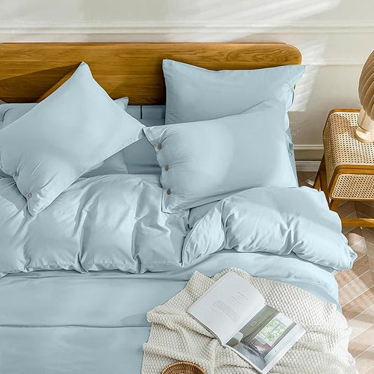 JELLYMONI Cotton Duvet Cover King Size - Light Blue Comforter Cover with Button 100% Washed Cotton 3PCS Breathable Soft Solid Bedding Set Duvet Cover 104×90in & 2 Pillowcases (NO Comforter)