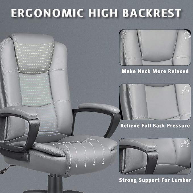 LEMBERI Office Desk Chair, High Back Executive Computer Chair, Ergonomic Big and Tall Adjustable PU Leather Chairs with Padded Armrest for Long Time Sitting, Grey
