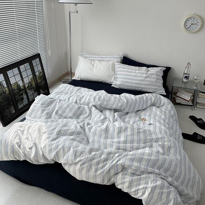 VM VOUGEMARKET Modern Duvet Cover Set King Size Demin Blue Stripes Duvet Cover with 2 Pillowcases 100% Washed Cotton Minimalist Bedding Set,104"x90"