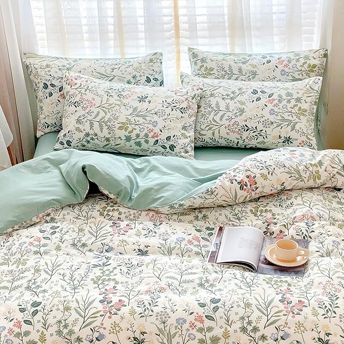Lightweight Queen Duvet Cover Set Green Pink Floral Bedding Sets Queen Flower Branches Duvet Cover Set Aesthetic Boho Chic Premium Cotton Comforter Cover Set Girl 3 Pieces Queen Duvet Cover Set