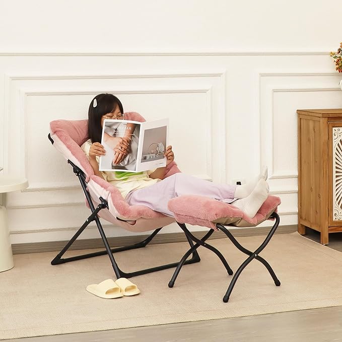 Comfy Saucer Chair for Adults, Soft Faux Fur Bedroom Chair, Accent Dorm Chairs, Flexible Living Room Reading Chairs, Oversized Folding Lounge Seat for Teens, X-Large, Dusky Pink