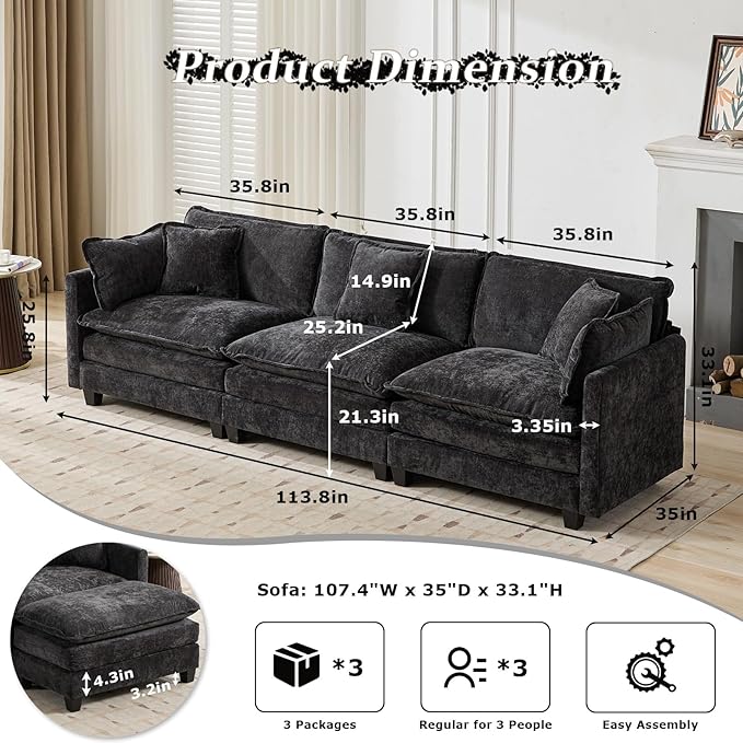 SoarFlash 113.78" Chenille Sectional Sofa, Comfy Modular Loveseat Sofa, Modern 3-Seat Couch Deep Seat Sofa Set for Living Room,Black
