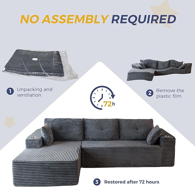 MAXYOYO 104" Modular Sectional Couch with L-Shape Chaise, Modern Boneless Couch for Living Room, Sofa in A Box, Oversized Sofa Sleeper with Deep Seat, No Assembly Required, Dark Grey