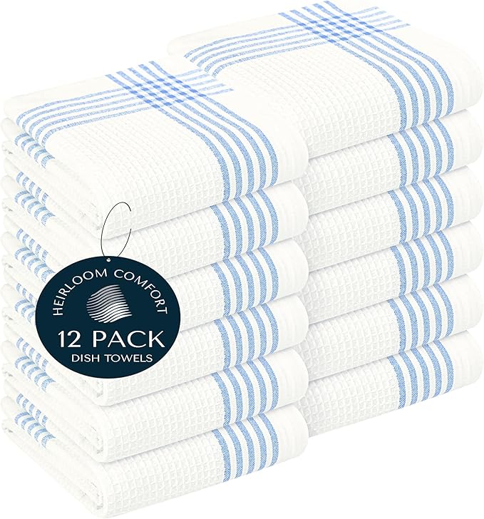 Sky Blue and White Cotton Kitchen Towels 12 Pack, 16x26 Inch, Waffle Weave, Quick Dry, Absorbent, Durable Dish Towels for Drying, Cleaning, Cooking, Daily Kitchen Use