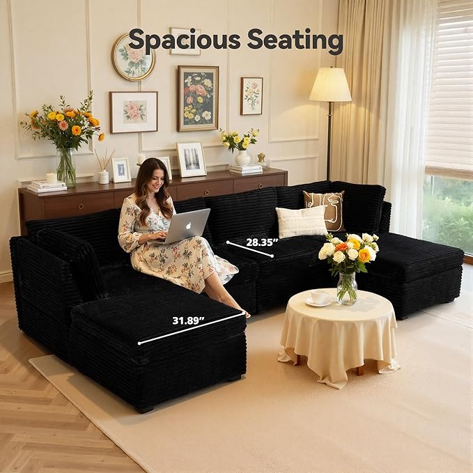 Large 6 Seat Modular Sectional Sofa with Ottoman Seat Corduroy Sleeper Sectional Sofa Bed Oversized Convertible Modular Couch for Living Room