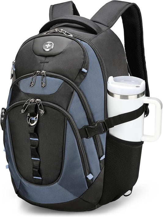 Swissdigital Design Laptop Backpack with USB Charging Port, Travel Backpack Fits 15.6 inches Computer, 31L College School Backpack for Men, Haze Blue/Black | SD803-16