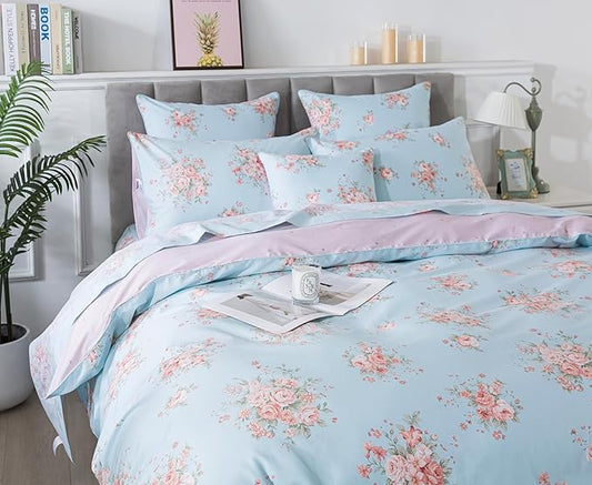 FADFAY Duvet Cover Set Full Blue Rose Floral Bedding Rustic Peony Flower Comforter Cover Set Vintage Farmhouse Bedding 100% Cotton Ultra Soft Quilt Cover with Hidden Zipper Closure 3Pcs, Full Size