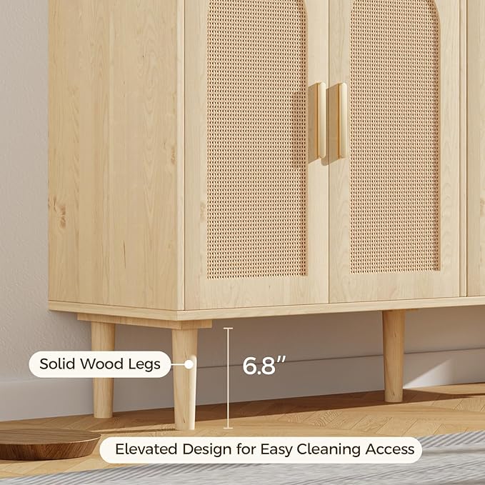FONTOI Sideboard Cabinet with Rattan Doors, 4 Door Credenza Buffet Cabinet with Storage, Modern Large Kitchen Accent Cabinets for Entryway Living Room & Dining Room, Natural
