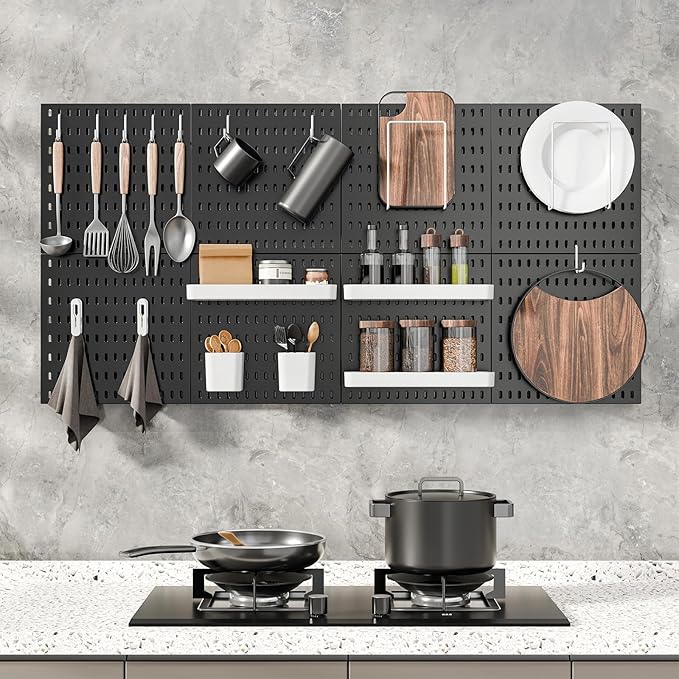 Pegboard Combination Kit, Wall Mounted Storage Set with 8 Pegboards & 28 Accessories Hanging, Peg Boards Organizer for Walls Display, Crafts Organization, Kitchen Organizer, 22" x 44" Black
