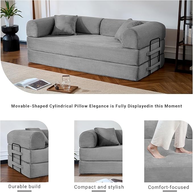 Compressed Sofa, Convertible Sofa Bed, Corduroy Compression Boneless Couch with Pillow, Comfy Modular Foldable Floor Sleeper Sofa for Bedroom, Living Room, Lounge, Studio (Light Gray)