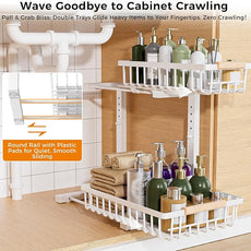 Under Sink Organizer,2 Pack Under Kitchen Sink Organizer,2 Tier Sliding-Out,5 Level Height Adjustable,Thickened Carbon Steel,Anti-rust Treatment,For Kitchen Bathroom White