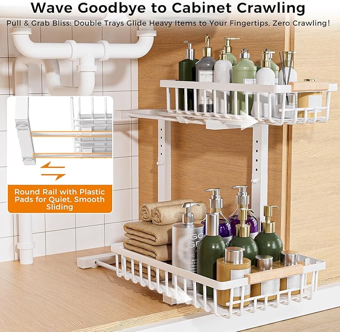 Under Sink Organizer,2 Pack Under Kitchen Sink Organizer,2 Tier Sliding-Out,5 Level Height Adjustable,Thickened Carbon Steel,Anti-rust Treatment,For Kitchen Bathroom White