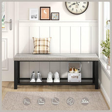 FOLUBAN Entryway Bench, Rustic Wood and Metal Shoe Storage Bench for Hallway Front Door Entrance, Industrial Indoor Bench for Bedroom Living Room, 43.3 Inch Light Grey