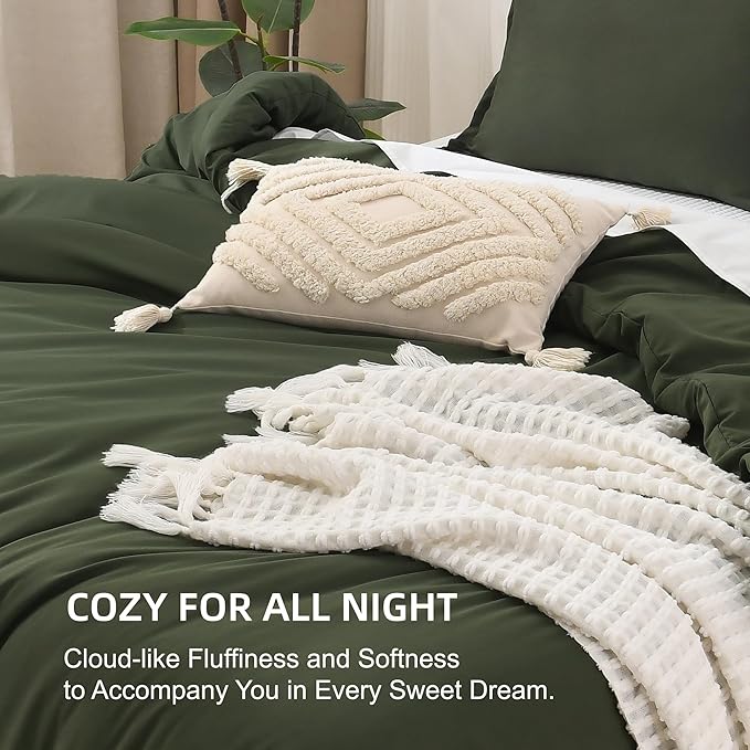 Litanika Comforter Set, Lightweight Solid Bedding Comforter Set, Fluffy Down Alternative Bed Set, Dark Olive Green, Full