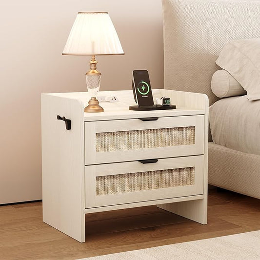 Rattan Nightstand, Bedside Table with Type-C Charging Station - 2 Storage Drawer Space, Boho End Table Side Table for Bedroom Office, Large Night Stand with Charging Port