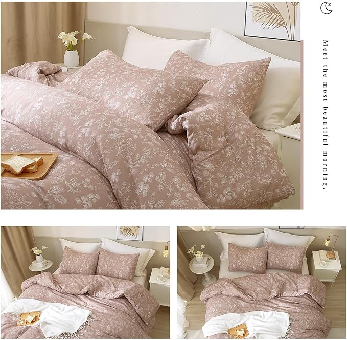 HighBuy Vintage Style Floral Duvet Cover Queen 3 Piece Girls Mauve Botanical Bedding Set 100% Cotton Cottagecore Comforter Cover Garden Style with Zipper Aesthetic Duvet Cover Set Queen,Mauve Brown