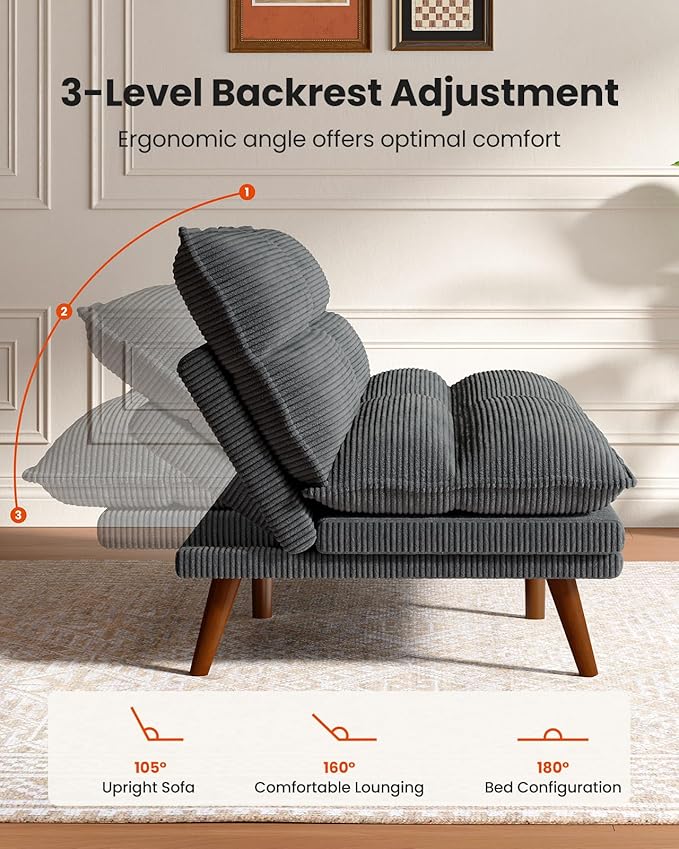 Amada Convertible Futon Sofa Bed - Corduroy Loveseat with Adjustable Backrest & Armrests, Thickened Seat Cushion, Small Space Sleeper Couch for Apartment, Study Room & Office（Charcoal Gray，66 Inch ）