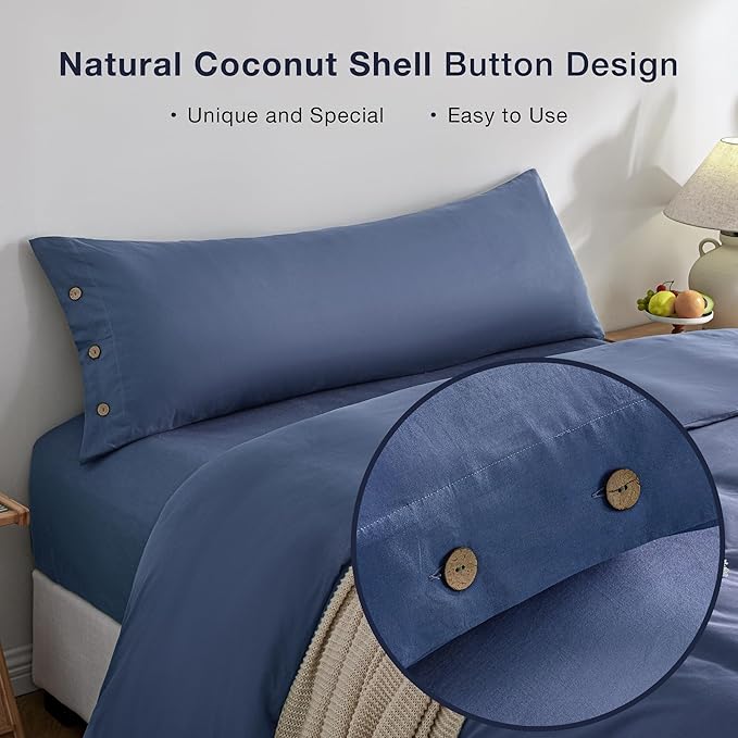 JELLYMONI Pillowcase Body Cotton 1pc Button Blue Pillow Case 20×54in 100% Washed Cotton Soft Breathable Pillow Covers(Pillows are not Included)