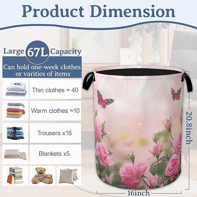 Butterfly Laundry Basket,Oxford Cloth Pink Rose Laundry Hamper With Handle Foldable Portable Clothes Storage Basket for Laundry Room/Bedroom/Bathroom 20.8"x16"