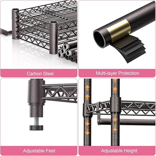 Heavy Duty Rolling Garment Rack 3 Tiers Adjustable Wire Shelving Clothes Rack with 1 Rods and Side Hooks,Storage Closet Clothing Rack Grey 15.7" D x 45.3" W x 72.4" H