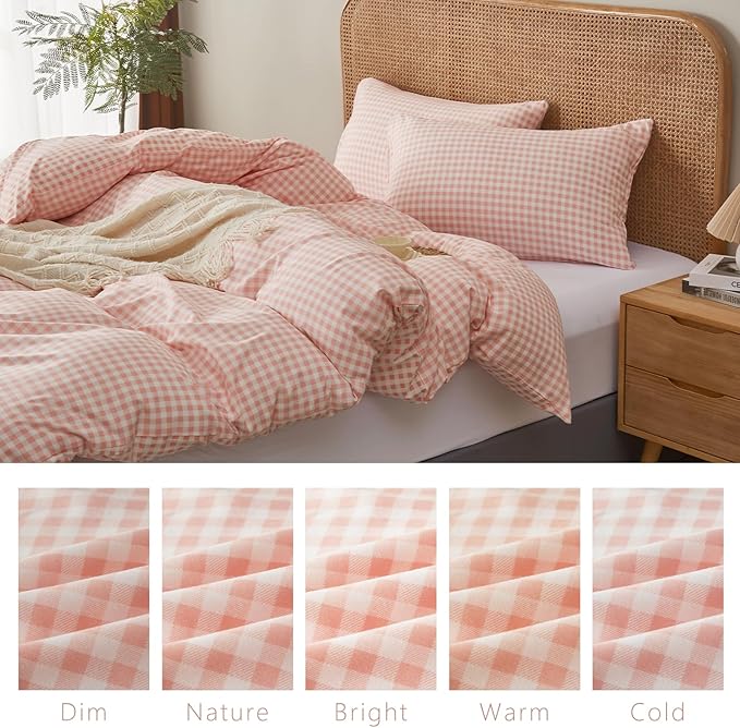 Pink Plaid Duvet Cover Set King White Checkered Comforter Cover Reversible Microfiber 100% Washed Cotton Bedding with Zipper Ties Pillowcases Breathable Ultra Soft Cozy Bedroom Farmhouse Style 3Pcs