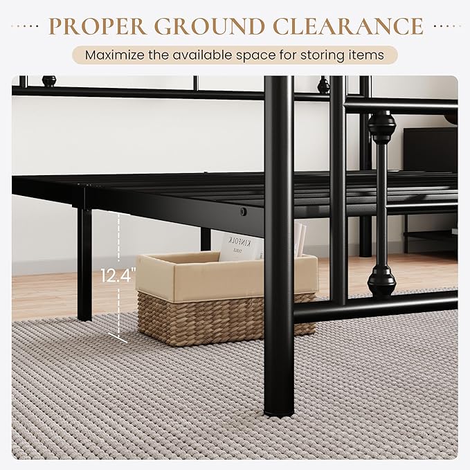 SHA CERLIN 14 Inches Queen Size Metal Platform Bed Frame/Vintage Iron-Art Headboard and Footboard/Mattress Foundation for Storage/No Box Spring Needed/Noise-Free/Easy Assembly/Black