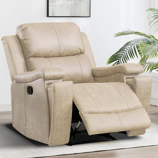 CANMOV Leather Recliner Chair, Classic and Traditional Manual Recliner Chair with Overstuffed Arms and Back, Manual Single Sofa with Concealed Cup Holders,Beige