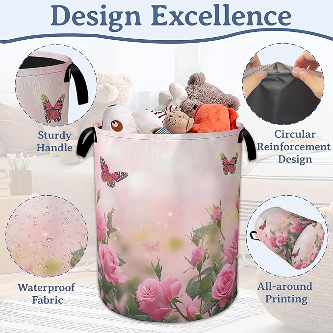 Butterfly Laundry Basket,Oxford Cloth Pink Rose Laundry Hamper With Handle Foldable Portable Clothes Storage Basket for Laundry Room/Bedroom/Bathroom 20.8"x16"