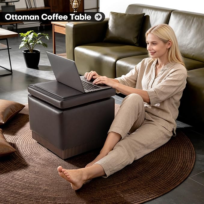 Square Ottoman with Storage,Swivel Vanity Stool-Faux Leather Foot Rest,Upholstered Footstool Pouf with Sturdy Acacia Wood Frame(500lbs),Small Coffee Table & Hidden Storage for Living Room
